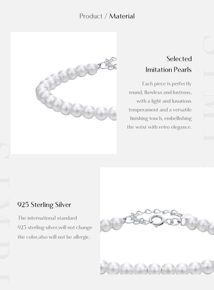 925 Sterling Silver Artificial Pearl Beaded Chain Bracelets IG Style Elegant Lady