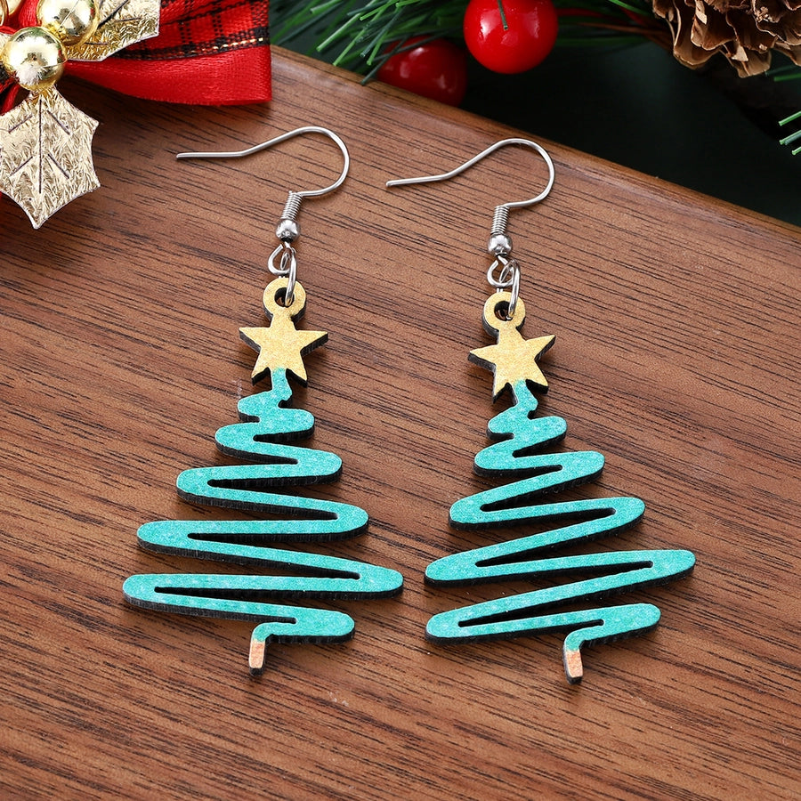 1 Pair Cute Retro Christmas Tree Wood Earrings