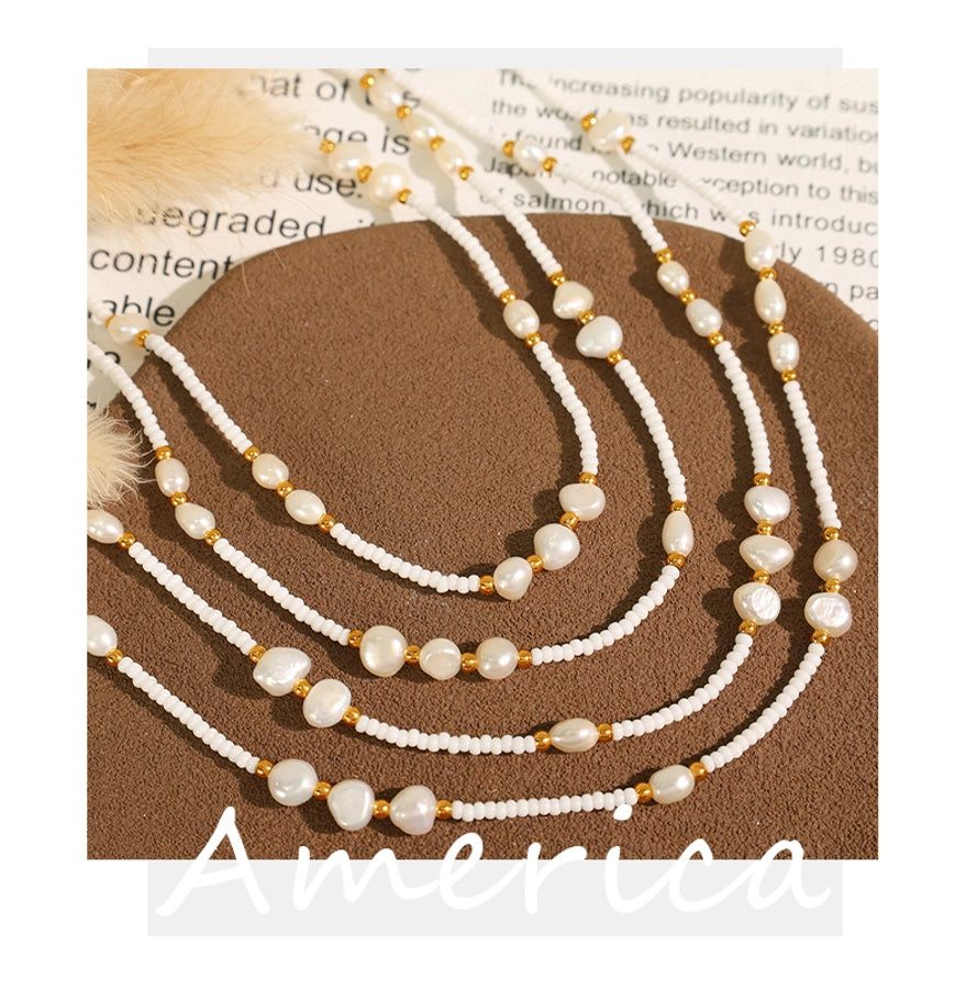 Jewelry Vintage Style Luxurious French Style Round Titanium Steel Freshwater Pearl Glass Stone 18K Gold Plated Beaded Polishing Plating Necklace