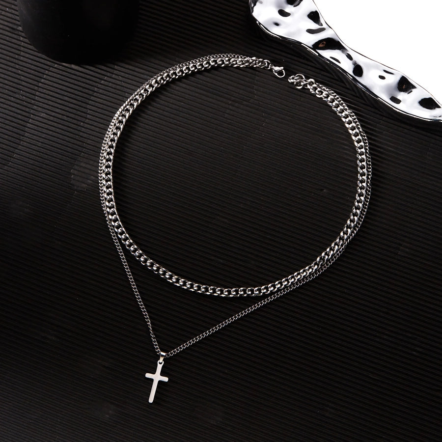 Hip-Hop Cross 201 Stainless Steel Men's Double Layer Necklaces