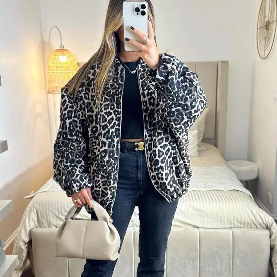 Women's Casual Leopard Zipper Coat