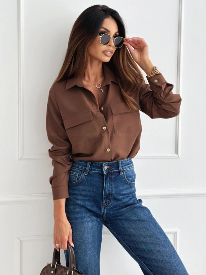 Blouse Long Sleeve Blouses Button Streetwear Solid Color