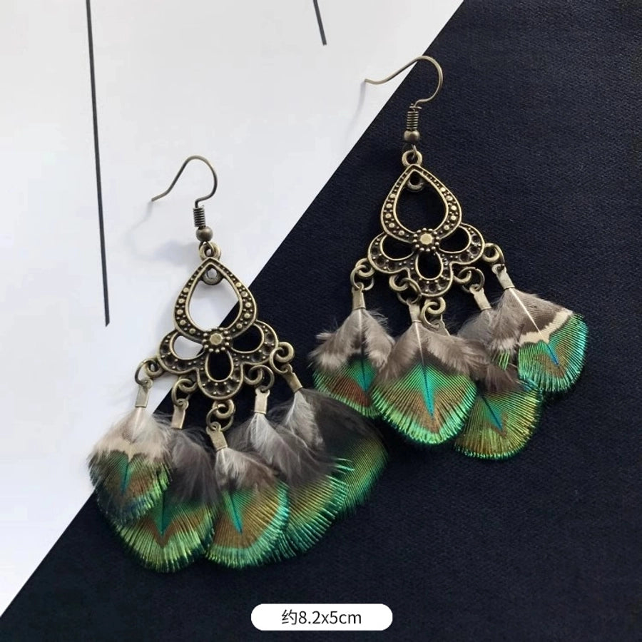 1 Pair Vintage Style Geometric Tassel Alloy Feather Drop Earrings