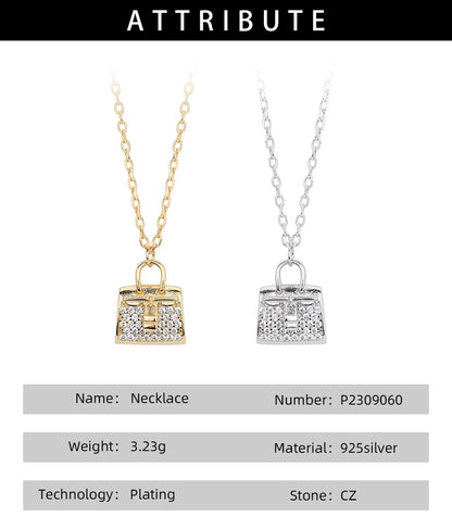 925 Sterling Silver Rack Plated Plated Long-Lasting Plated Zircon cable chain Inlay Bag Pendant Necklace