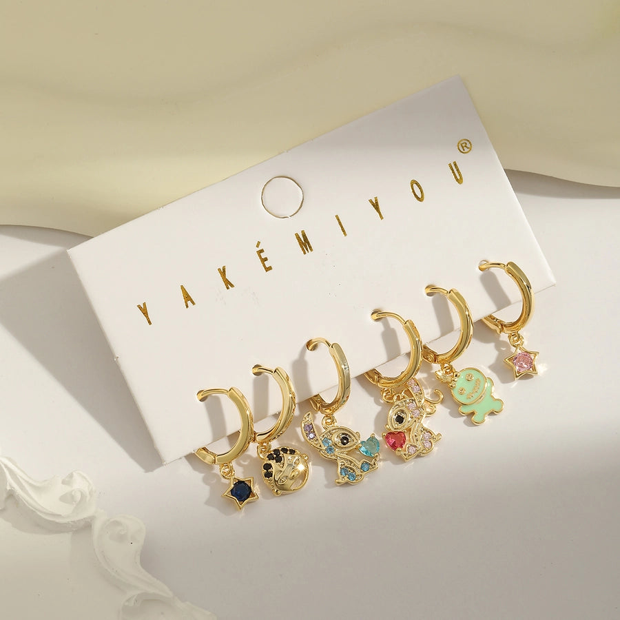 1 Set Sweet Geometric Enamel Inlay Copper Zircon 14K Gold Plated Earrings