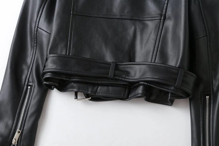 Women's Preppy Style Solid Color Zipper Leather Jacket Casual Jacket