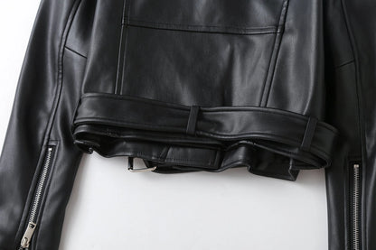Women's Preppy Style Solid Color Zipper Leather Jacket Casual Jacket
