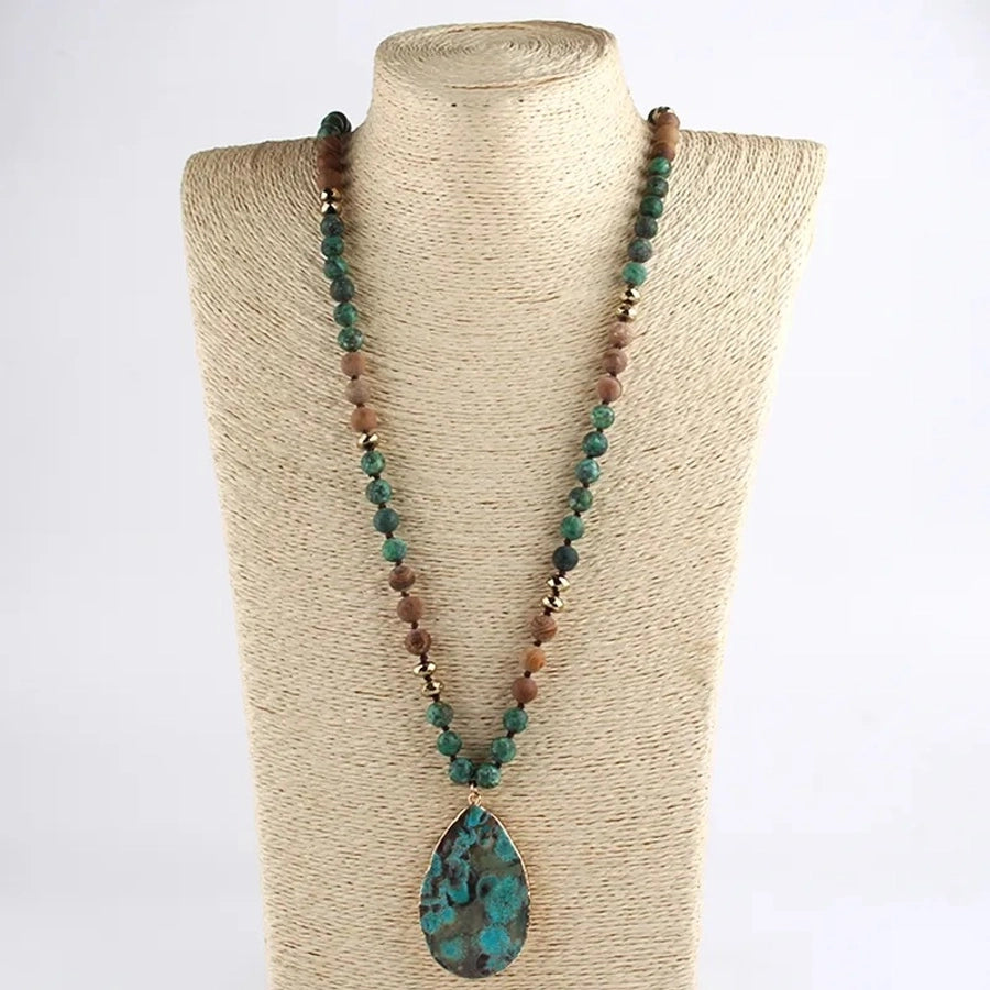 Retro Water Droplets Semi-precious stone natural stone Glass Beaded Chain Pendant Necklace In Bulk Natural stone necklace