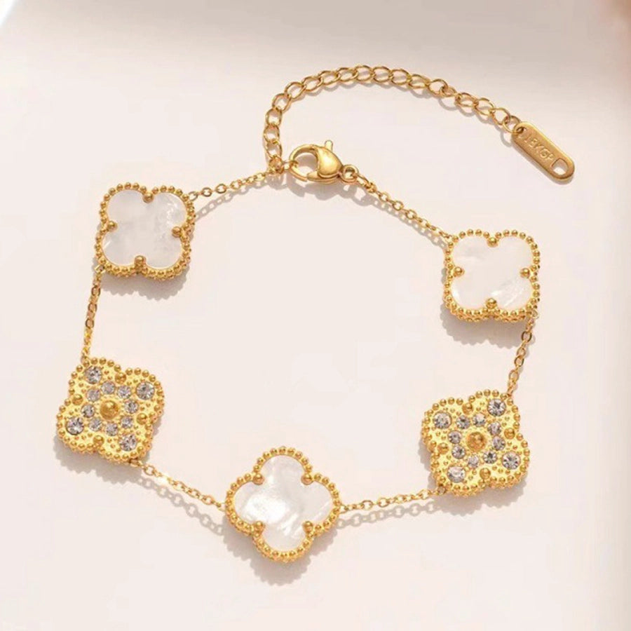 Elegant Four Leaf Clover 304 Stainless Steel 18K Gold Plated Rhinestones Shell cable chain Bracelets In Bulk Stainless Steel Bracelets