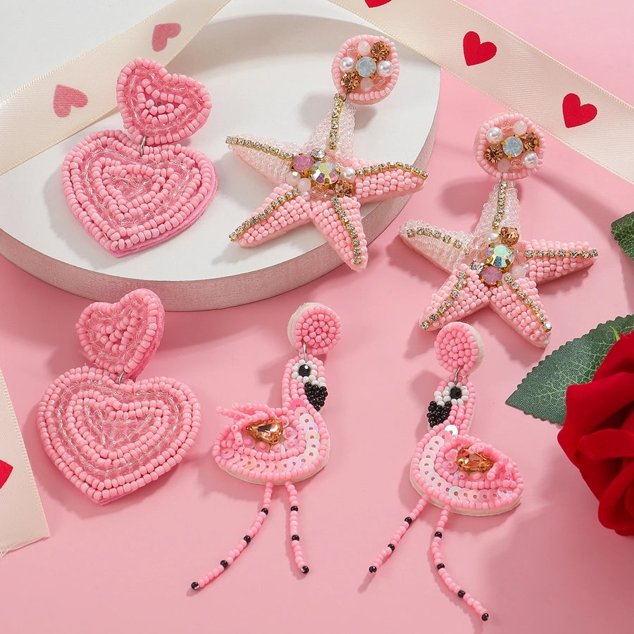 1 Pair Sweet Flamingo Heart Shape Cloth Earrings