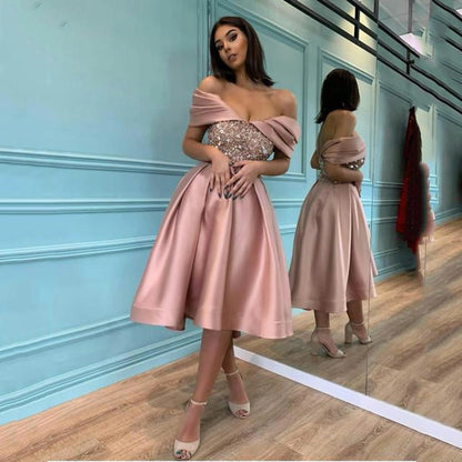 party dress romantic boat neck sequins backless sleeveless solid color midi dress wedding
