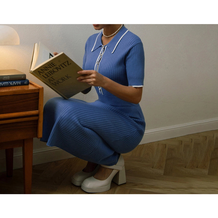 Women's Sheath Dress Elegant Turndown Short Sleeve Stripe Midi Dress Daily