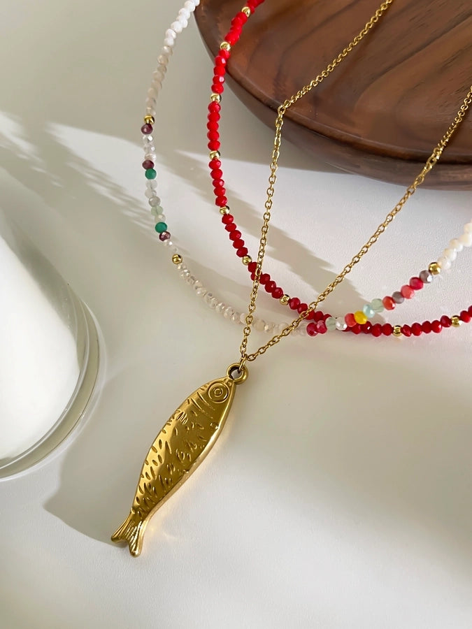 Casual Vintage Style Fish 18K Gold Plated 316L Stainless Steel  Arylic Beaded Chain Beaded Necklaces