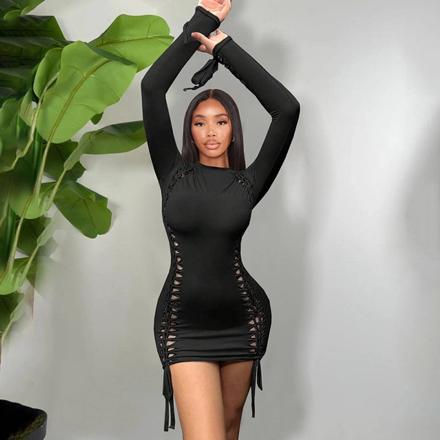Women's Hip skirt Streetwear Round Neck Long Sleeve Solid Color Above Knee Holiday