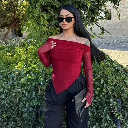 Women's T-shirt Long Sleeve Blouses Wine Red Elegant Solid Color