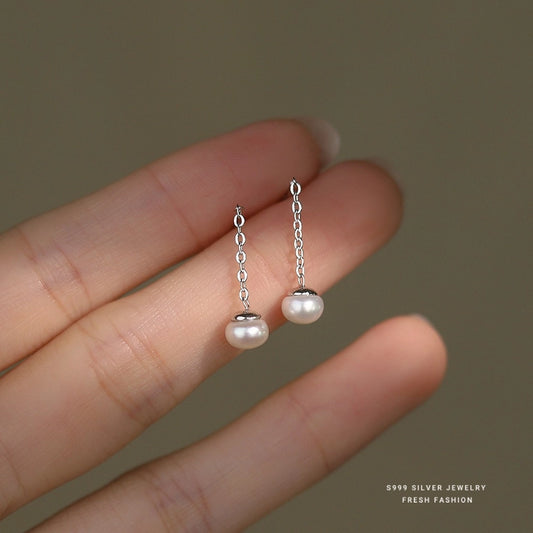 1 Pair S999 Silver Freshwater Pearl Freshwater pearl earrings Pearl Ear line