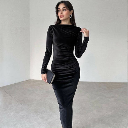 Women's Sheath Dress Casual Boat Neck Long Sleeve Solid Color Maxi Long Dress Daily