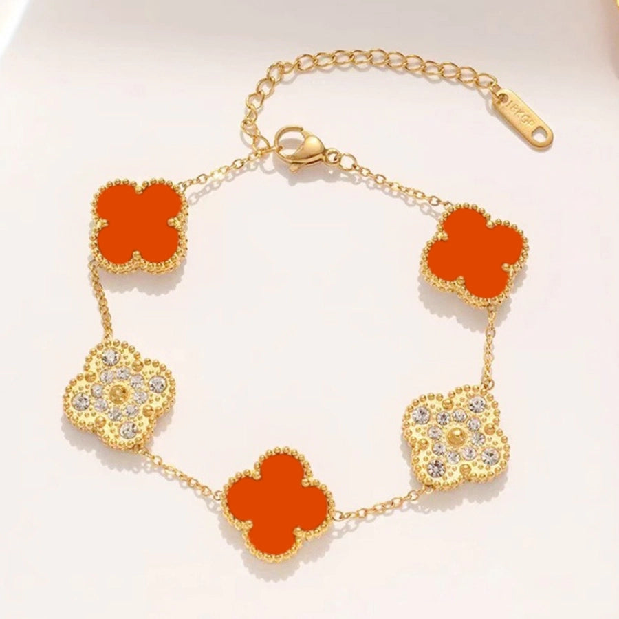 Elegant Four Leaf Clover 304 Stainless Steel 18K Gold Plated Rhinestones Shell cable chain Bracelets In Bulk Stainless Steel Bracelets