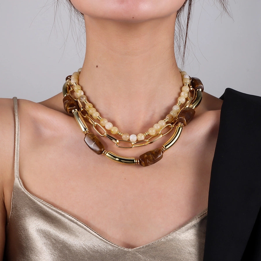 Retro Geometric Arylic Alloy Beaded Chain Paperclip Chain Layered Necklaces