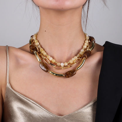 Retro Geometric Arylic Alloy Beaded Chain Paperclip Chain Layered Necklaces