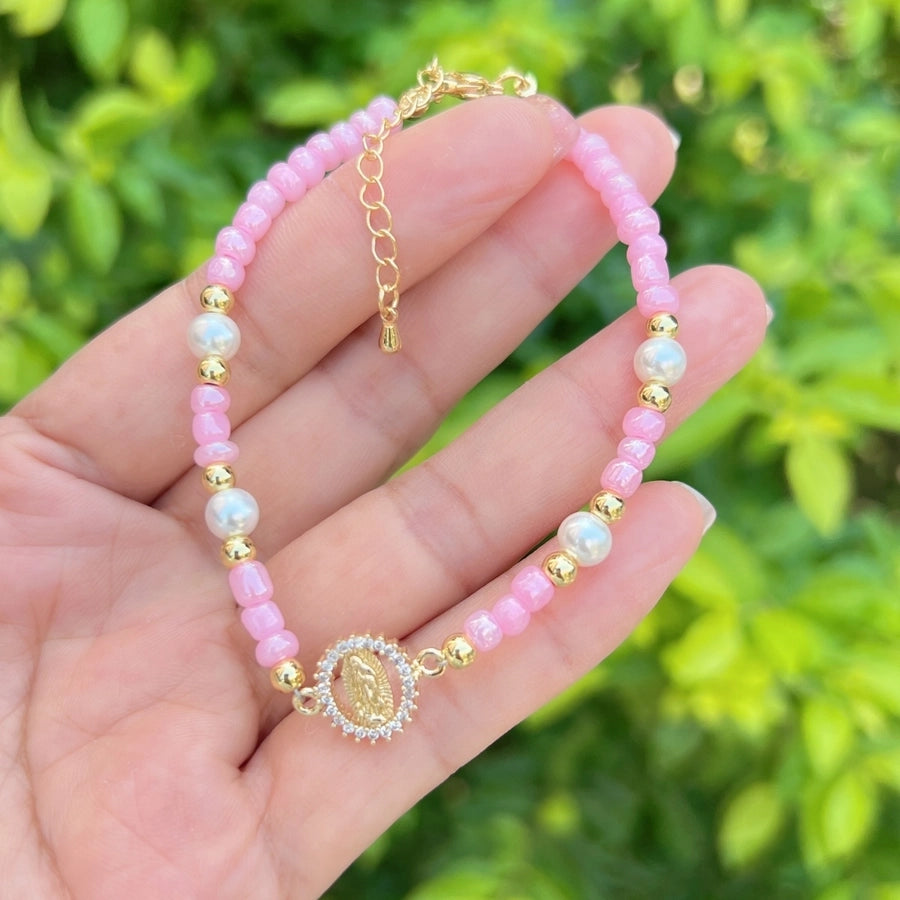 Sweet Flower Butterfly Bow Knot 18K Gold Plated Zircon Imitation Pearl Copper ball chain Beaded Bracelets