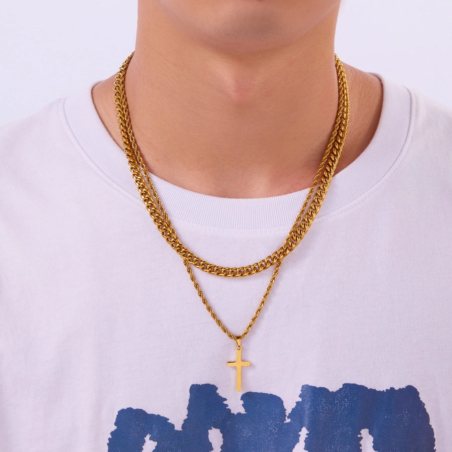Hip-Hop Cross 201 Stainless Steel Men's Double Layer Necklaces