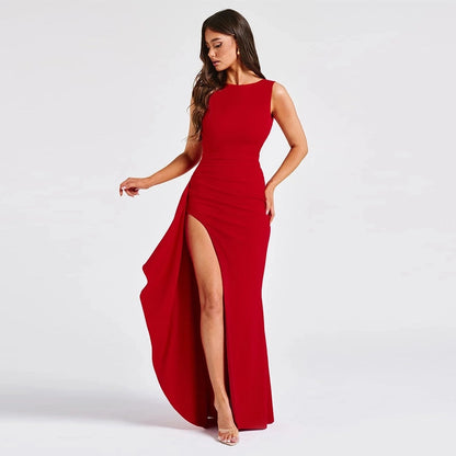 Women's Slit Dress Elegant Sexy Round Neck Backless Sleeveless Solid Color Maxi Long Dress Holiday Cocktail Party
