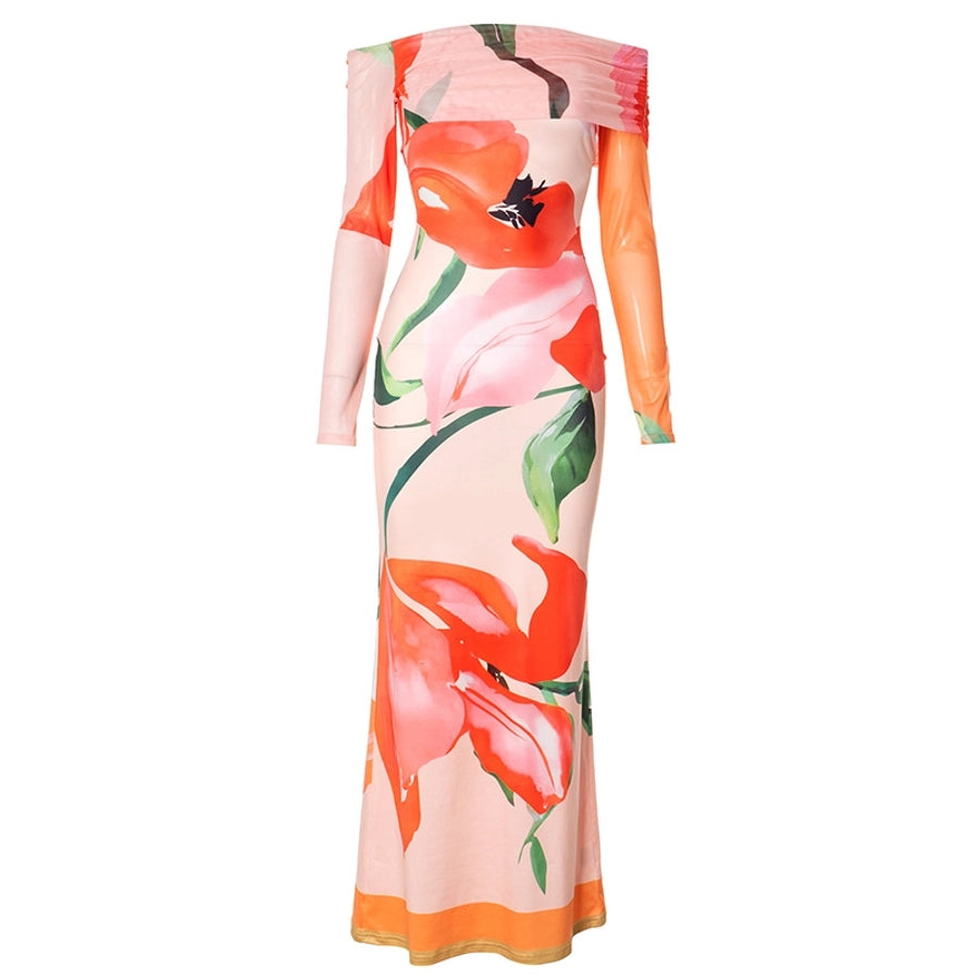 Women's Sheath Dress Vacation Strapless Long Sleeve Flower Maxi Long Dress Travel