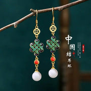 Silver Ear Hook: Green Dripping Oil Chinese Knot Tassel Earrings
