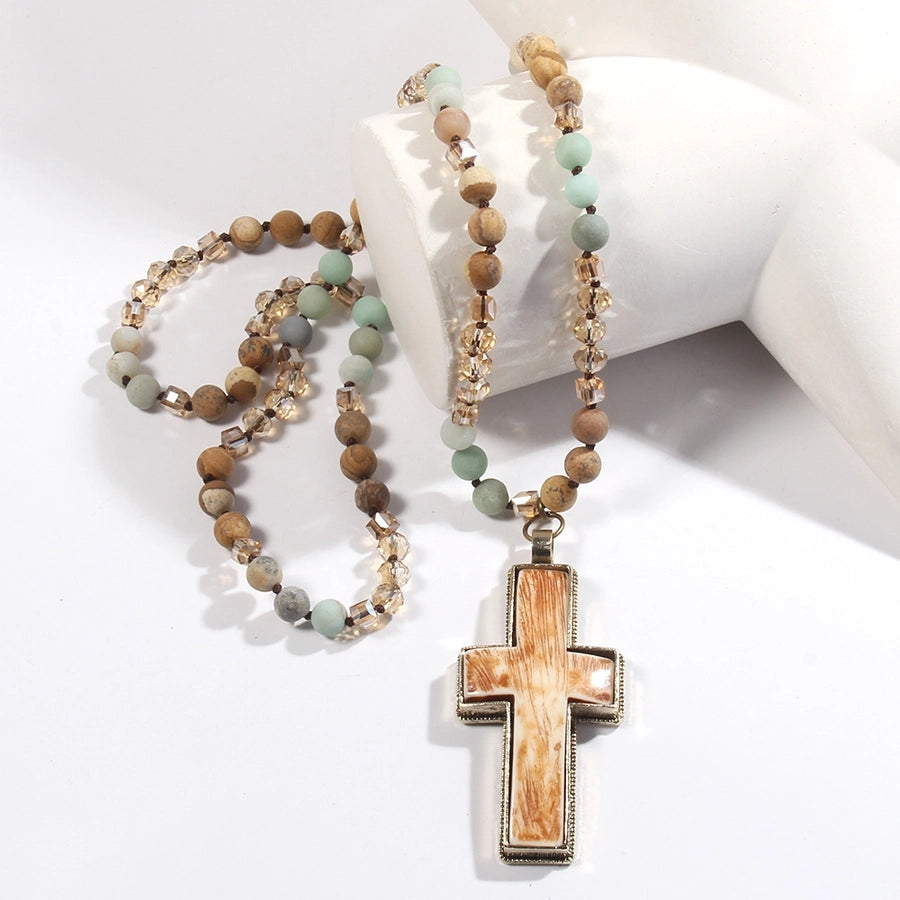Retro Geometric Cross Semi-precious stone Alloy Resin Beaded Chain Pendant Necklace Long Necklace In Bulk Natural stone necklace