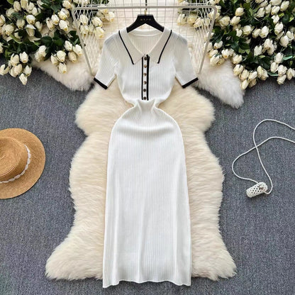 Women's Sheath Dress Elegant Turndown Short Sleeve Stripe Midi Dress Daily
