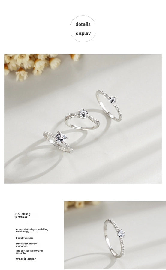 s925 Sterling Silver Ring Women's Korean Jewelry Simple Single Diamond Micro-inlaid Ring Small Fresh Closed Ring Live Explosions