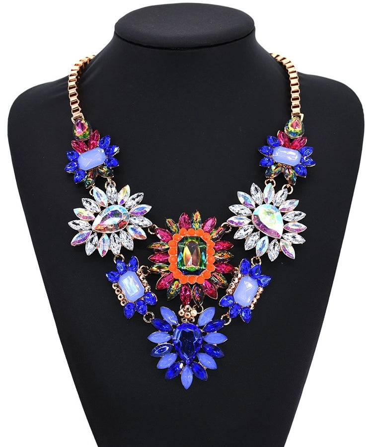 exaggerated shiny flower alloy plating inlay artificial crystal gem rhinestones women's long necklace necklace