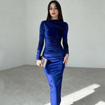 Women's Sheath Dress Casual Boat Neck Long Sleeve Solid Color Maxi Long Dress Daily