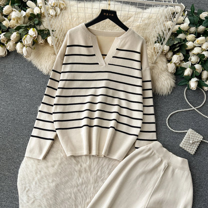 school outdoor daily women's simple style stripe simple spandex polyester knit elastic waist pants sets pants sets
