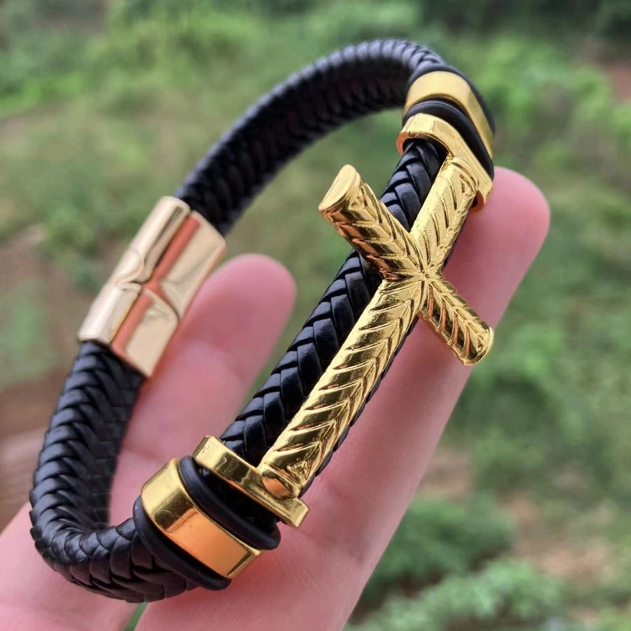 Streetwear Cross Pu Leather Woven Chain Wrap Bracelets