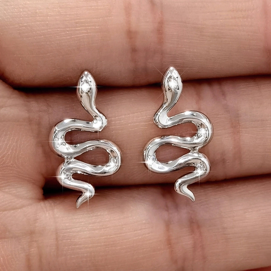 White Gold Plated Sterling Silver Zircon Animal Snake Earrings