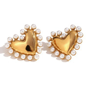 Outer Ring Pearl Glossy Love Heart Stud Earrings-Gold