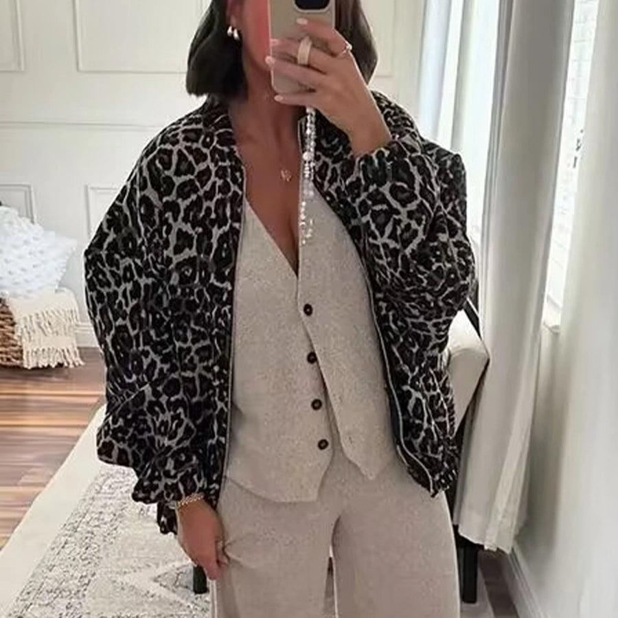 Women's Casual Leopard Zipper Coat