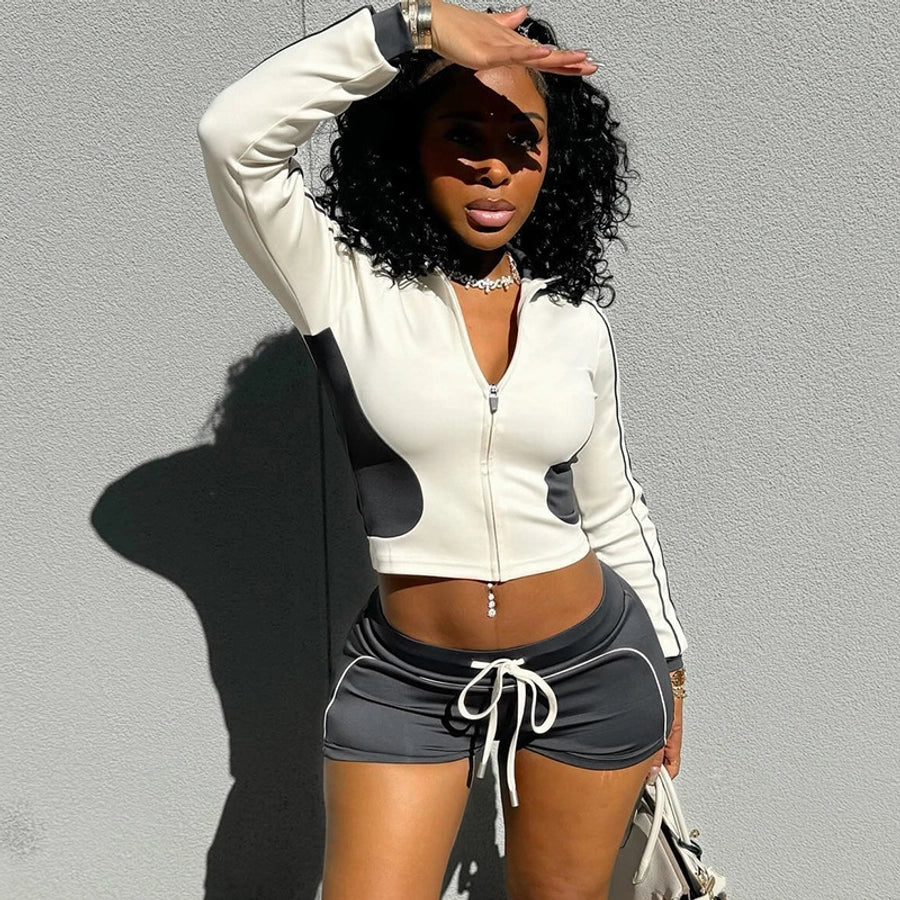 Daily Women's Streetwear Contrast Collar Spandex Polyester Twilled Satin Shorts Sets Shorts Sets