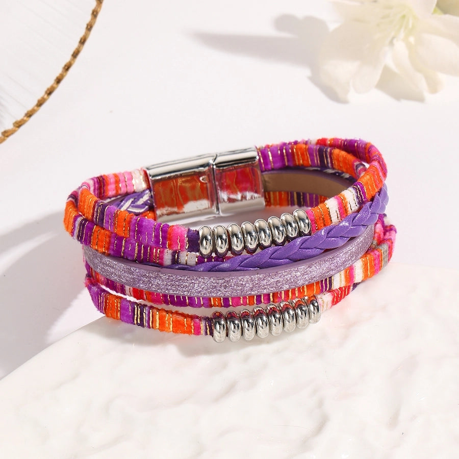 Ethnic Style Bohemian Tropical Colorful Rainbow Pu Leather Alloy Woven Chain Wrap Bracelets