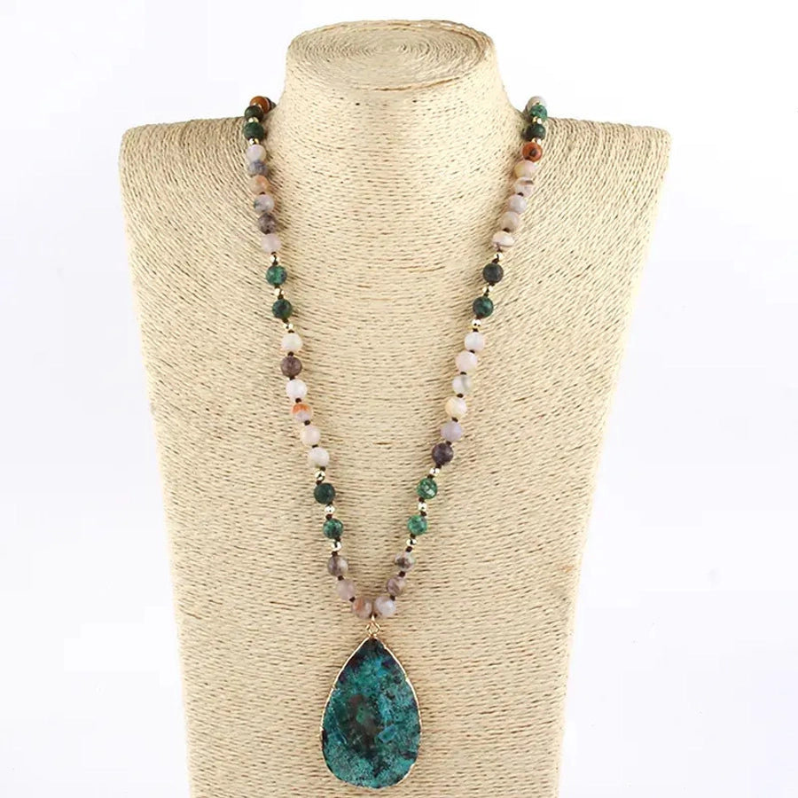 Retro Water Droplets Semi-precious stone natural stone Glass Beaded Chain Pendant Necklace In Bulk Natural stone necklace