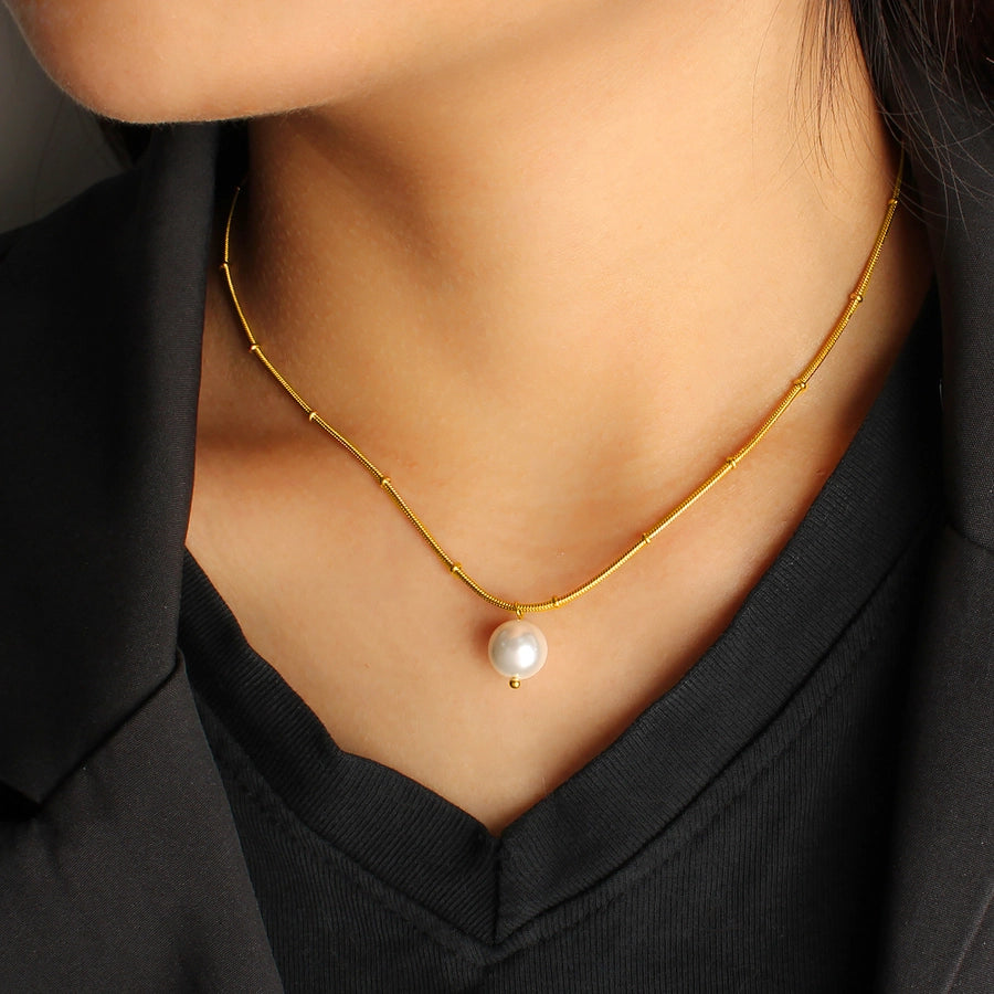 Jewelry IG Style Simple Style Round 304 Stainless Steel Pearl 18K Gold Plated Plating Inlay Pendant Necklace