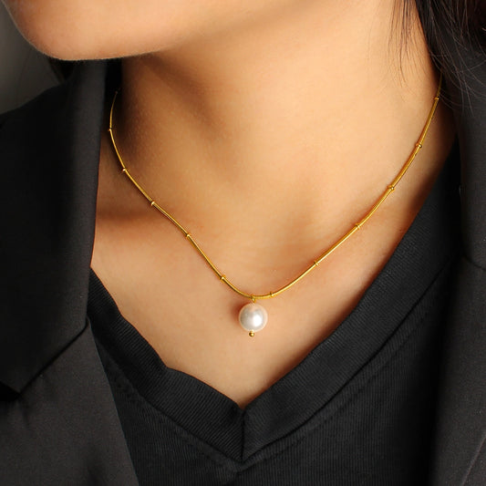 Jewelry IG Style Simple Style Round 304 Stainless Steel Pearl 18K Gold Plated Plating Inlay Pendant Necklace
