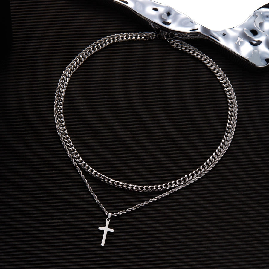 Hip-Hop Cross 201 Stainless Steel Men's Double Layer Necklaces