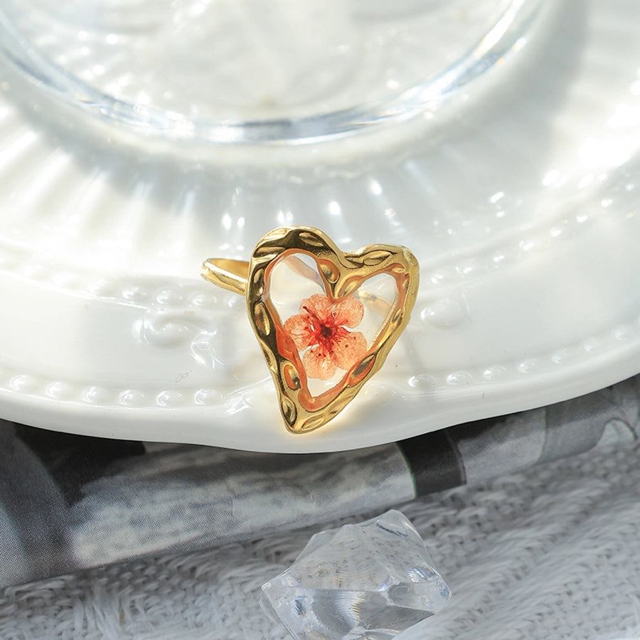 Jewelry French Style Sweet Commute Heart Shape Flower 304 Stainless Steel 14K Gold Plated Open Rings