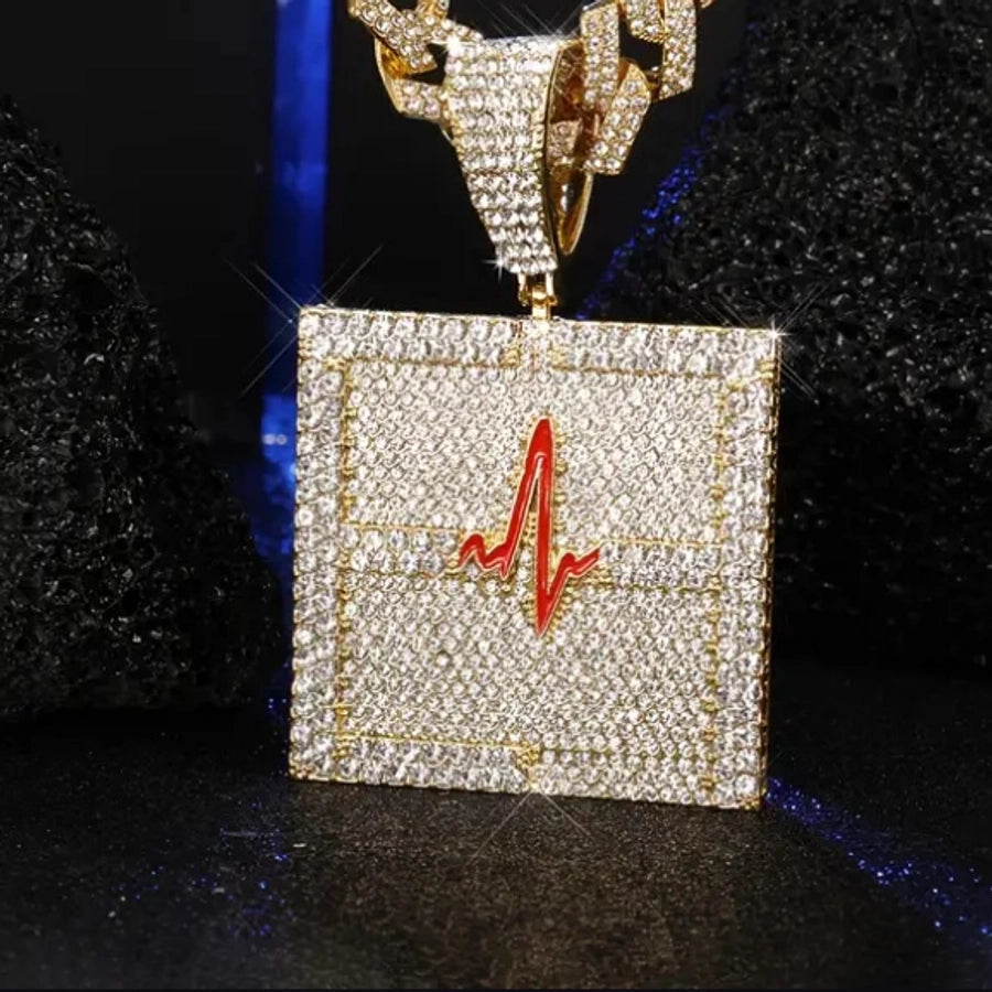 Cross-Border New Arrival European and American Hip Hop Style Dripping Oil Full Diamond Heartbeat Pulse Pendant Necklace High Quality Men's Cuban Link Chain