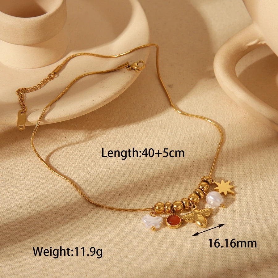 Jewelry Simple Style Commute Red Heart Flower Bee 304 Stainless Steel Artificial Pearls 18K Gold Plated Epoxy Plating Inlay Pendant Necklace