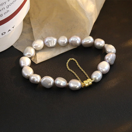 925 Sterling Silver Freshwater Pearl Beaded Chain Bracelets Casual Classic Style