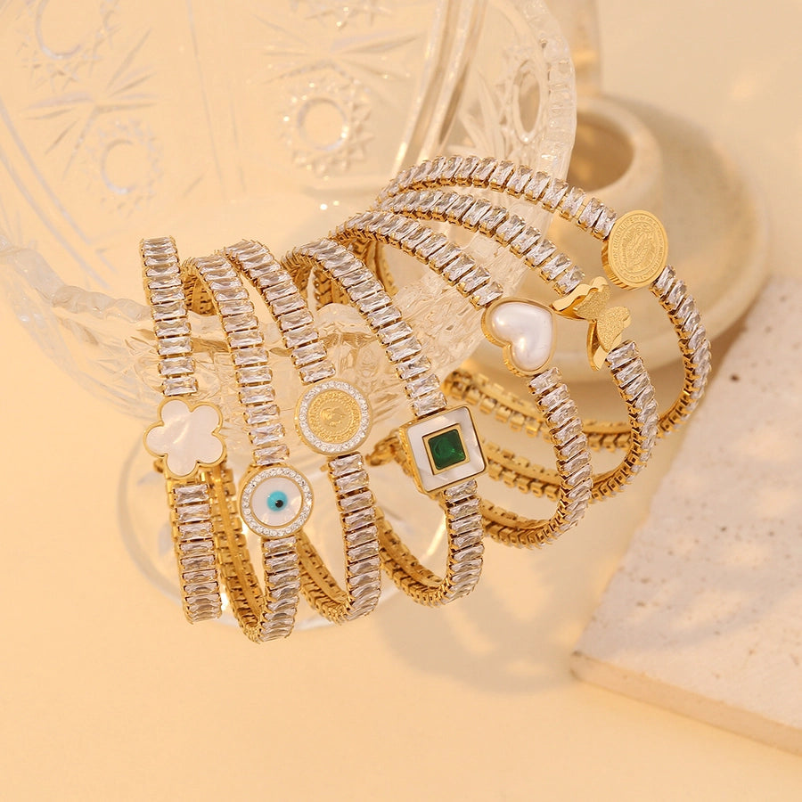 Retro Formal Classic Style Heart Shape 304 Stainless Steel 18K Gold Plated Acrylic Zircon Bangle In Bulk Stainless Steel Bracelets